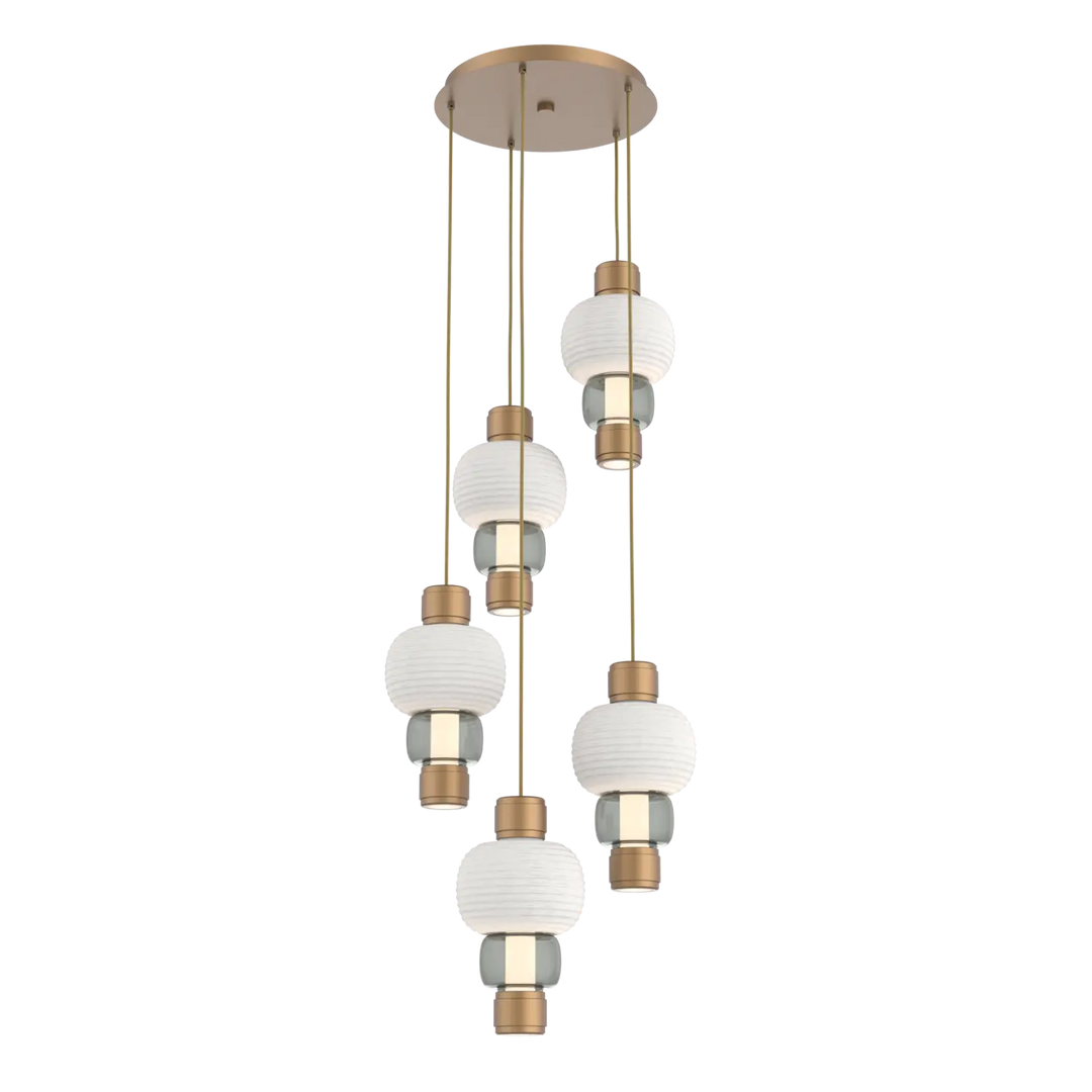 Hammerton Studio Torno Mandrel Multi-Pendant Chandelier Novel Brass / 5-Piece / Smoke / Chalk Ceramic
