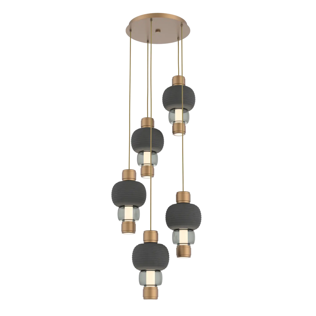 Hammerton Studio Torno Mandrel Multi-Pendant Chandelier Novel Brass / 5-Piece / Smoke / Charcoal Ceramic