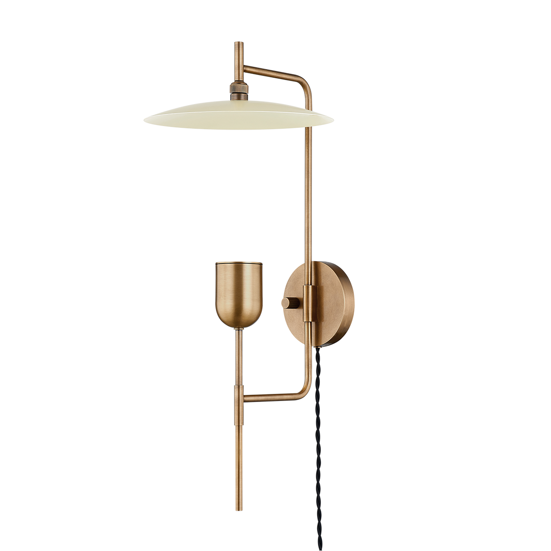 Troy Lighting MANTI Plug-in Sconce Wall Sconces Troy Lighting PATINA BRASS AND SOFT SAND 9.75x9.75x23.75 