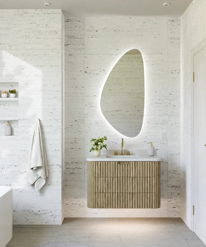 Electric Mirror Vela organic LED lighted mirror VEL-2448 over Monterey vanity