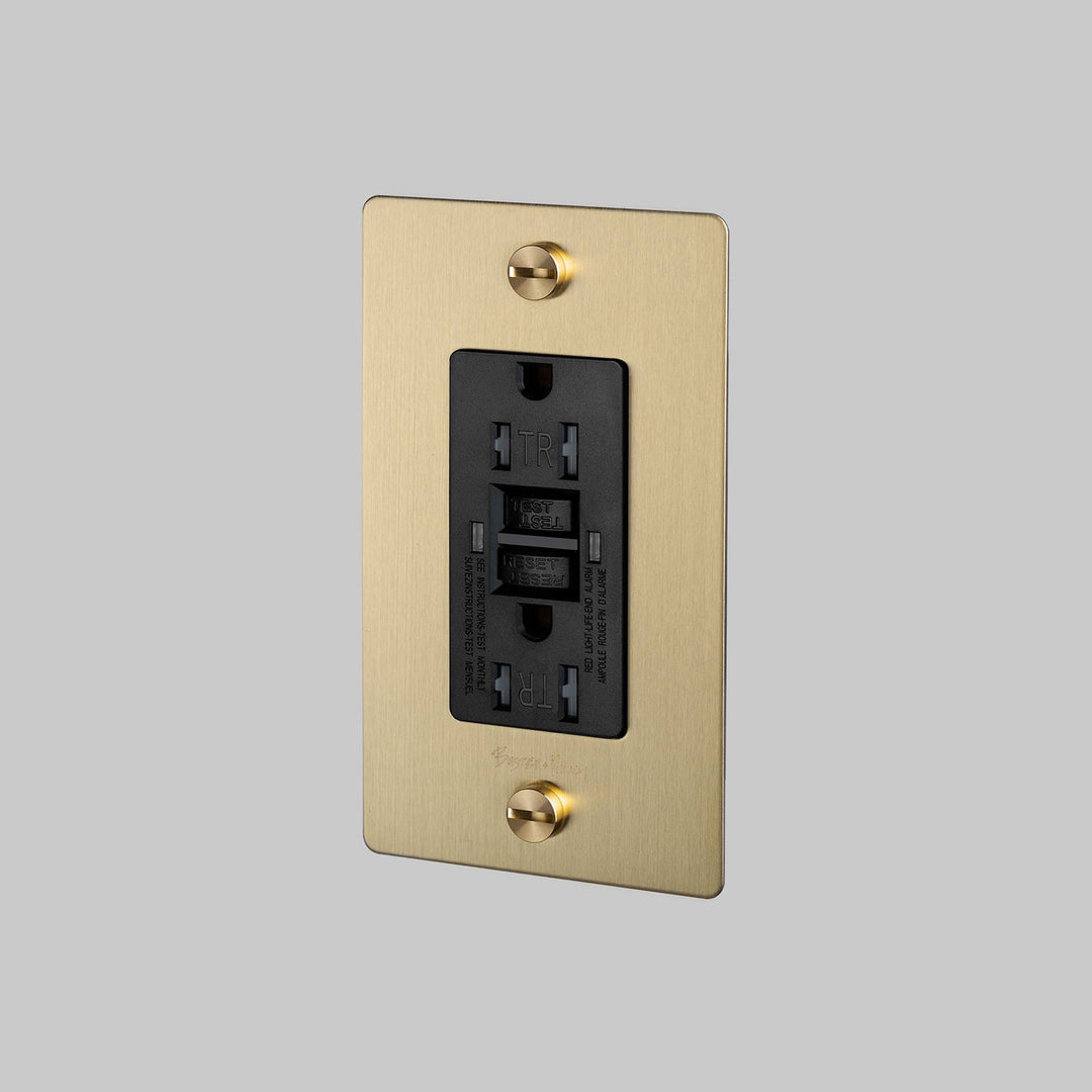 Buster + Punch 1 Gang Duplex Outlet GFCI Cross Knurl With Logo Brass