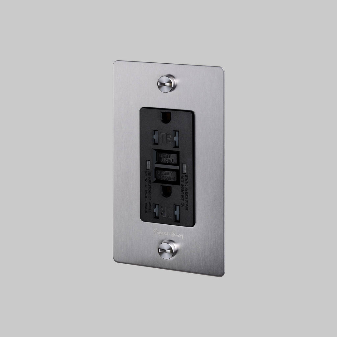 Buster + Punch 1 Gang Duplex Outlet GFCI Cross Knurl With Logo Steel