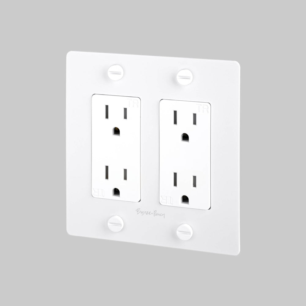 Buster + Punch 2 Gang Duplex Outlet Cross Knurl With Logo White