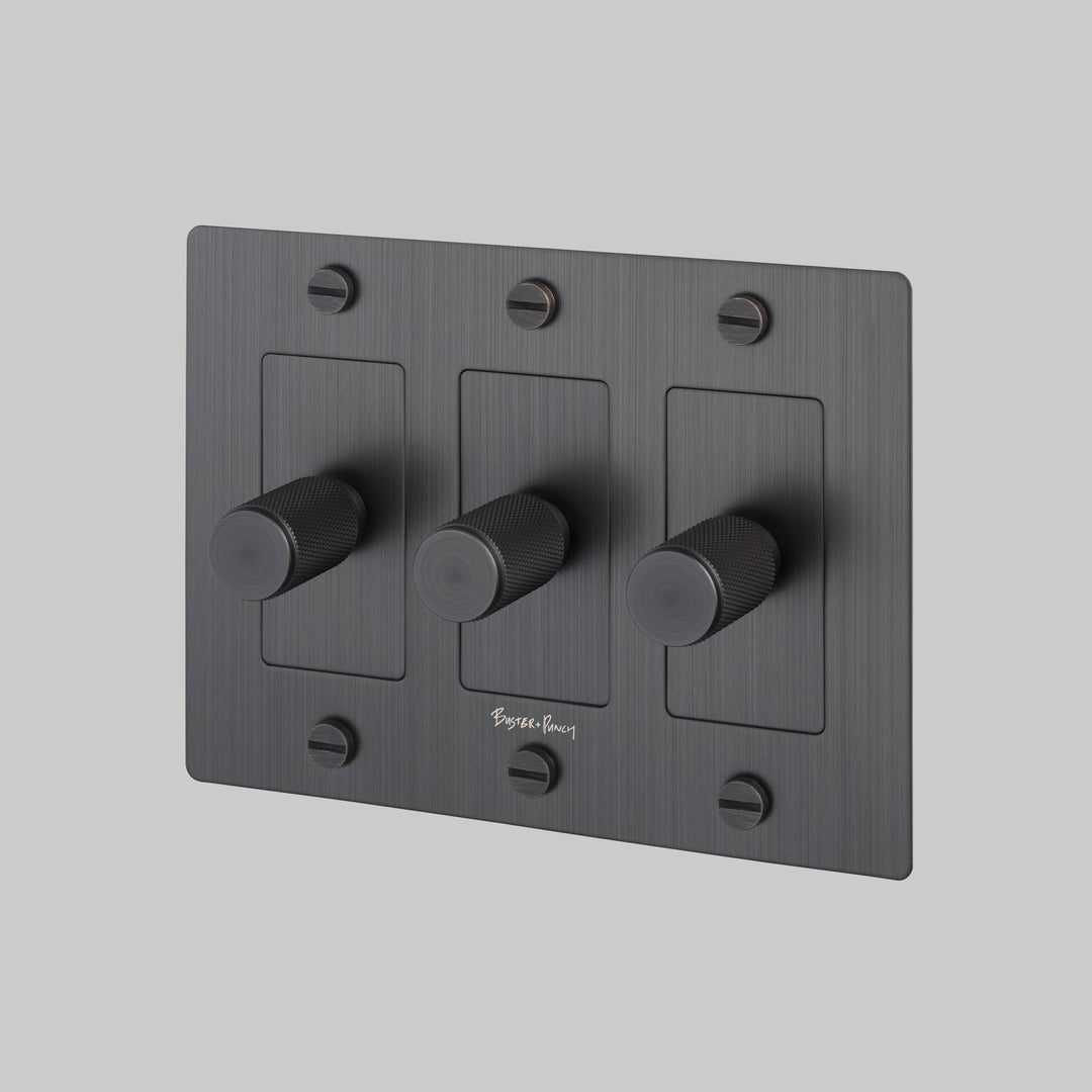 Buster + Punch 3 Gang Dimmer LED Cross Knurl With Logo Smoked Bronze