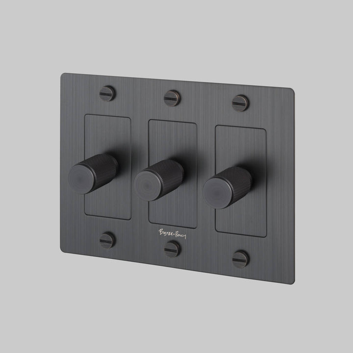 Buster + Punch 3 Gang Dimmer LED Cross Knurl With Logo Smoked Bronze
