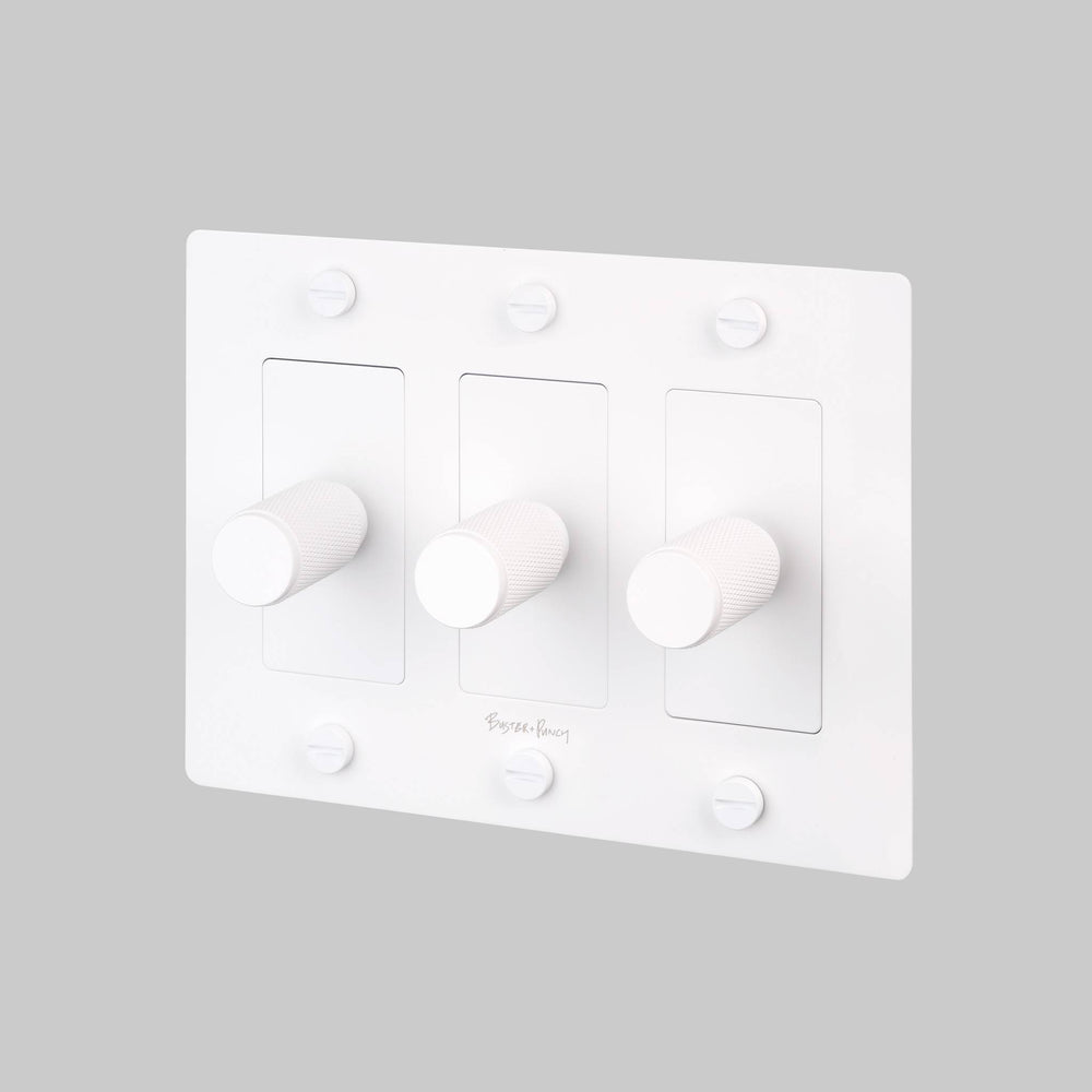 Buster + Punch 3 Gang Dimmer LED Cross Knurl With Logo White