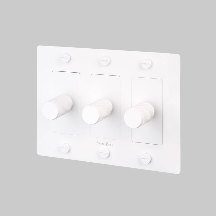 Buster + Punch 3 Gang Dimmer LED Cross Knurl With Logo White