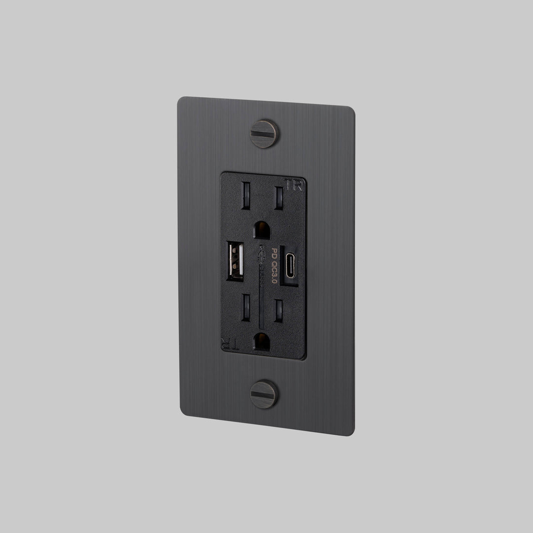 Buster + Punch 1 Gang Duplex Outlet USB A C Cross Knurl Without Logo Smoked Bronze