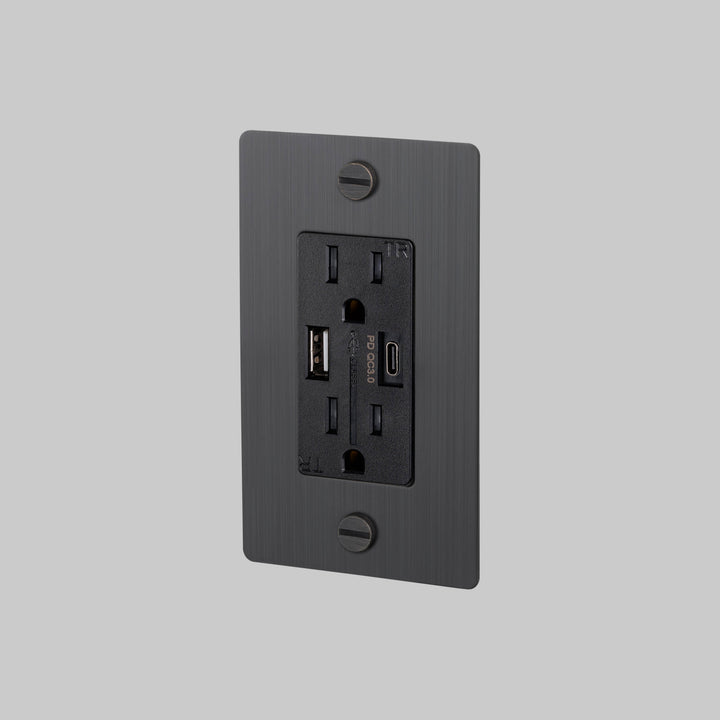 Buster + Punch 1 Gang Duplex Outlet USB A C Cross Knurl Without Logo Smoked Bronze