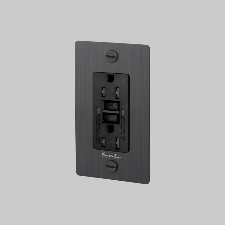 Buster + Punch 1 Gang Duplex Outlet GFCI Cross Knurl With Logo Smoked Bronze