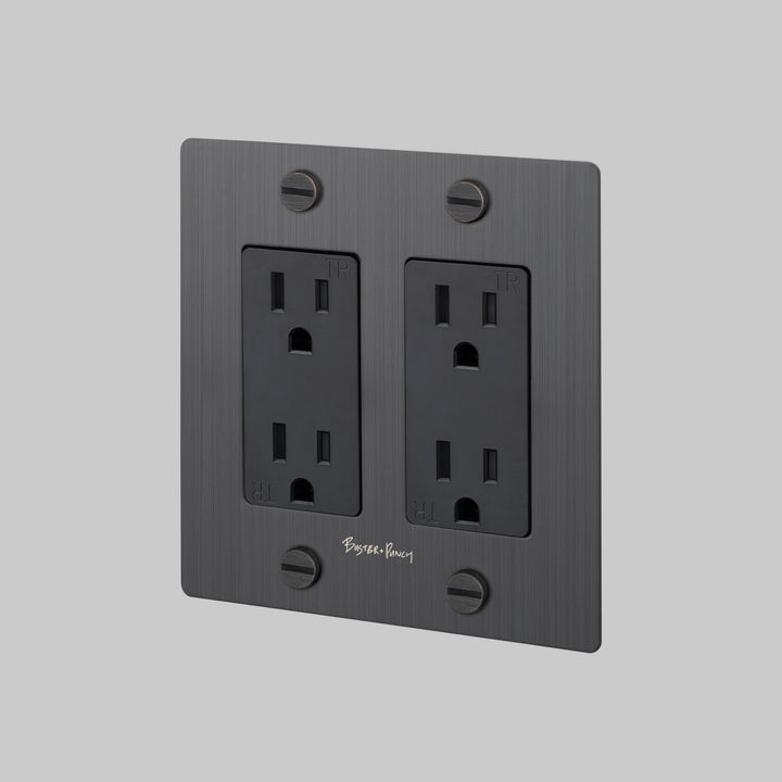 Buster + Punch 2 Gang Duplex Outlet Cross Knurl With Logo Smoked Bronze