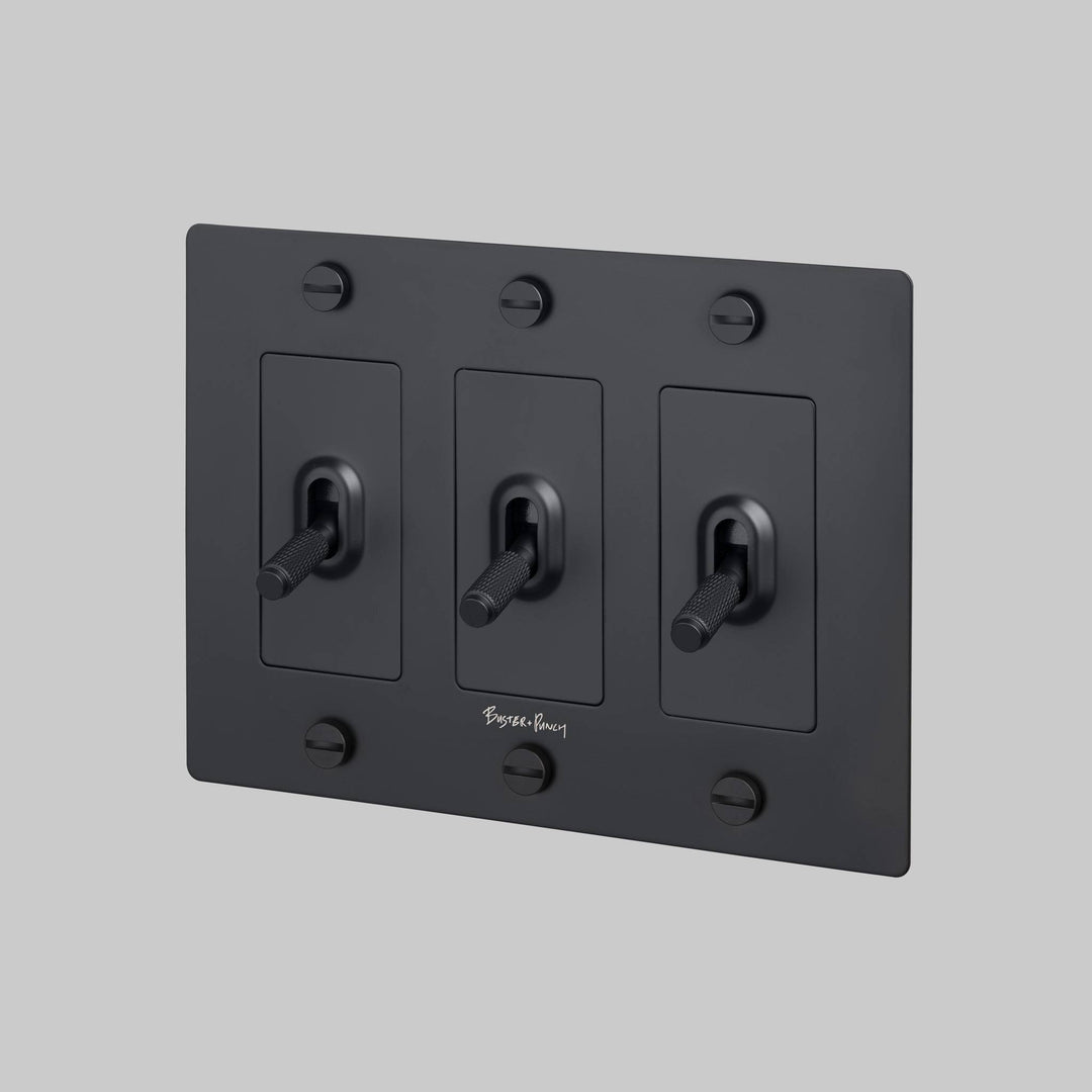 Buster + Punch 3 Gang Toggle Switch Cross Knurl With Logo Black