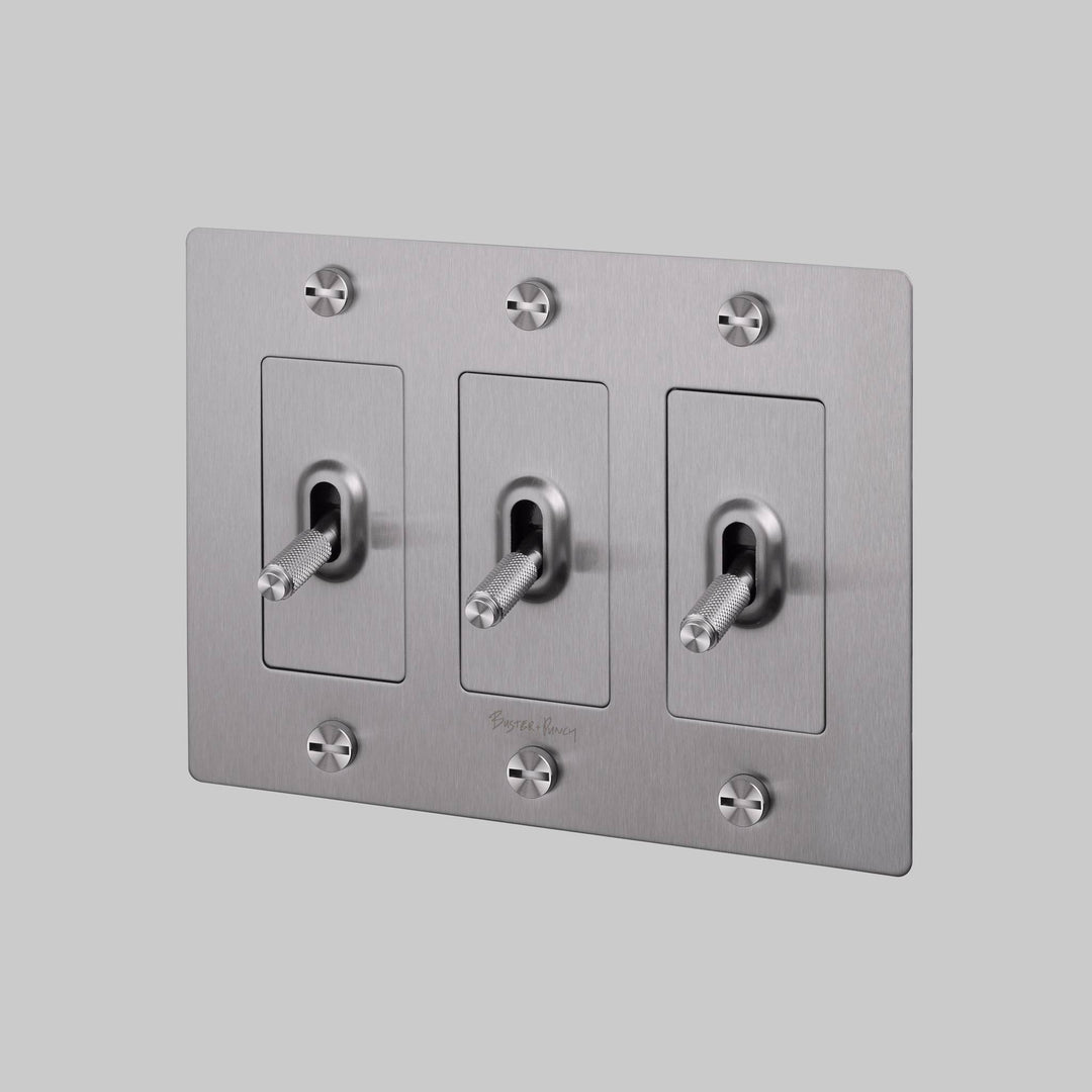 Buster + Punch 3 Gang Toggle Switch Cross Knurl With Logo Steel