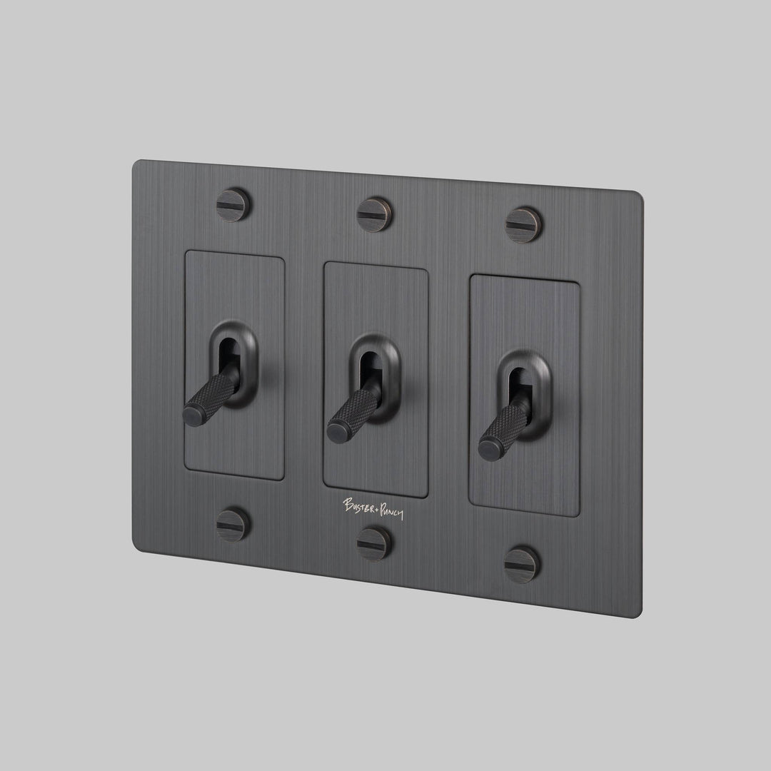 Buster + Punch 3 Gang Toggle Switch Cross Knurl With Logo Smoked Bronze