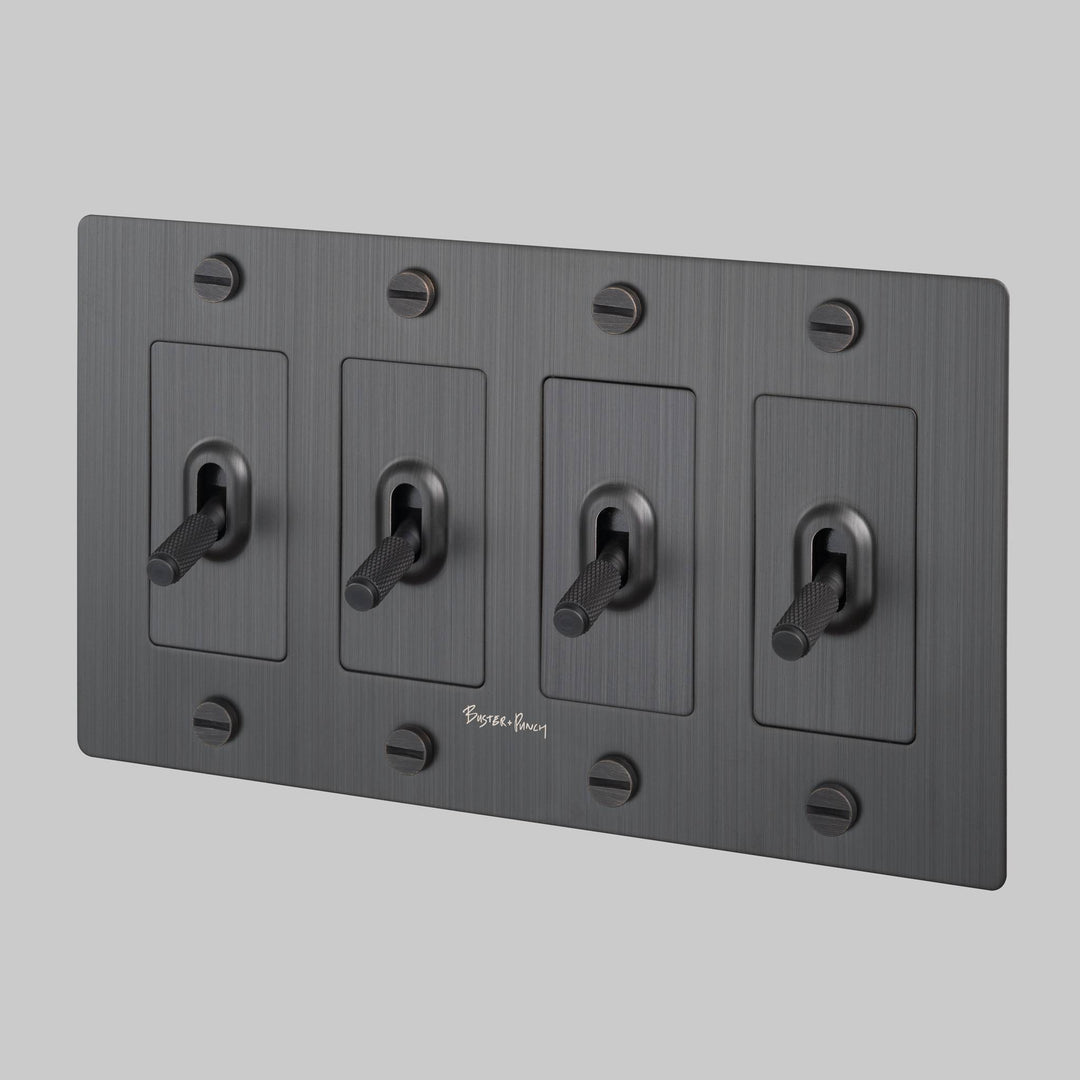 Buster + Punch 4 Gang Toggle Switch Cross Knurl With Logo Smoked Bronze