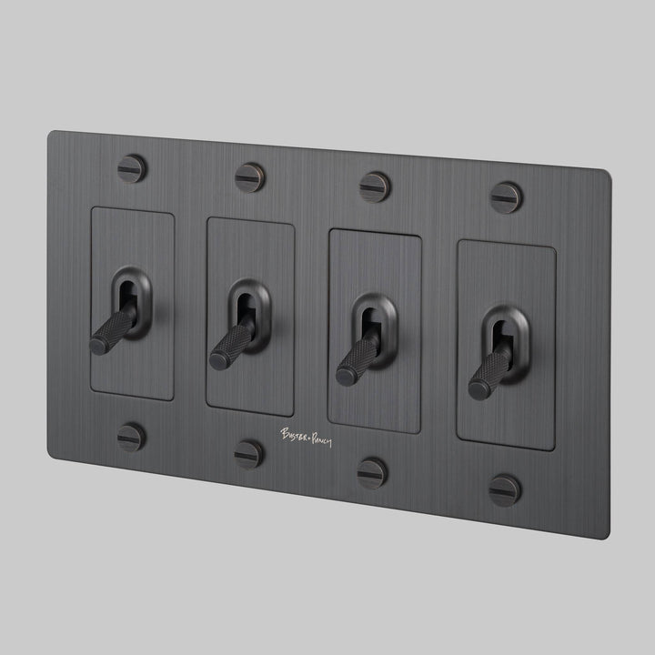 Buster + Punch 4 Gang Toggle Switch Cross Knurl With Logo Smoked Bronze