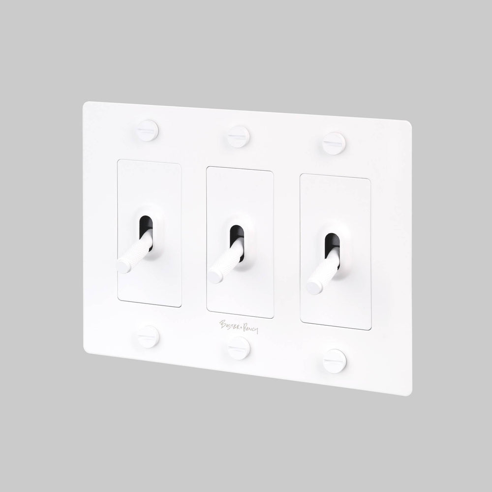 Buster + Punch 3 Gang Toggle Switch Cross Knurl With Logo White