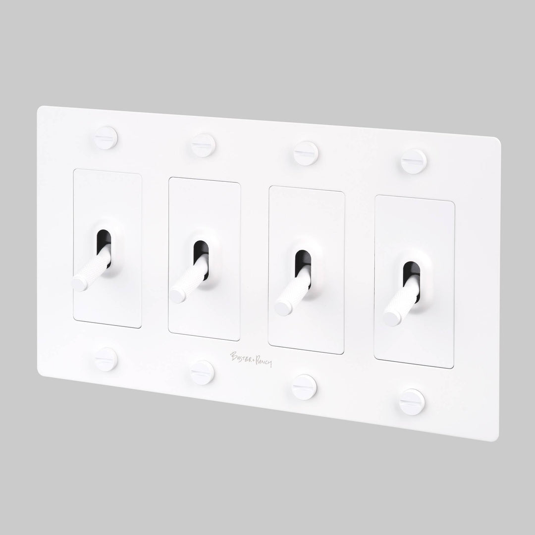 Buster + Punch 4 Gang Toggle Switch Cross Knurl With Logo White