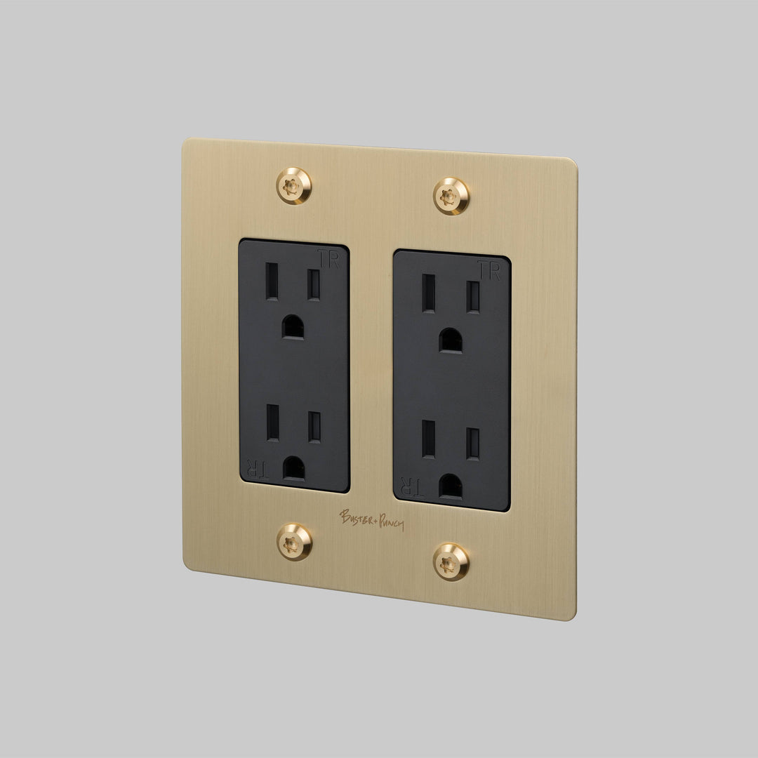 Buster + Punch 2 Gang Duplex Outlet Linear Knurl With Logo Brass
