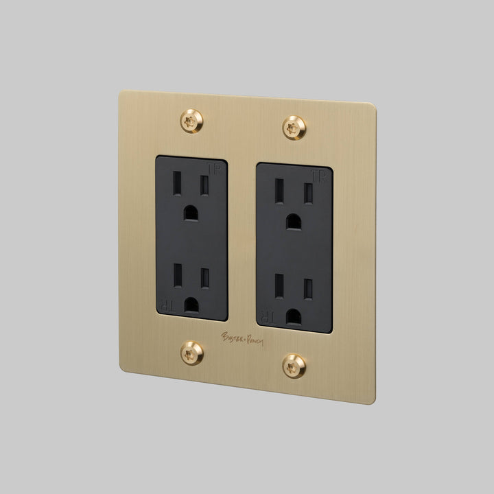 Buster + Punch 2 Gang Duplex Outlet Linear Knurl With Logo Brass