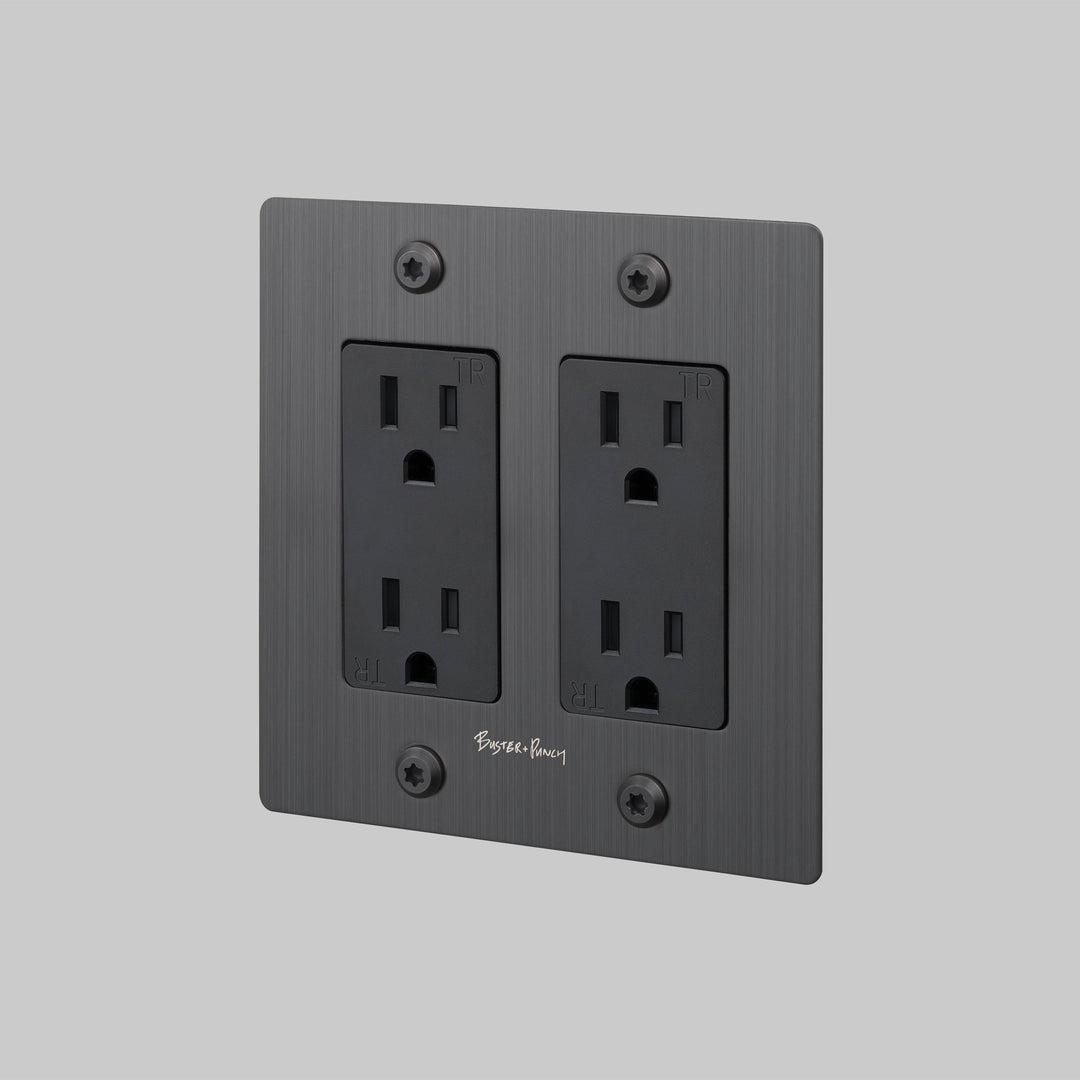 Buster + Punch 2 Gang Duplex Outlet Linear Knurl With Logo Smoked Bronze