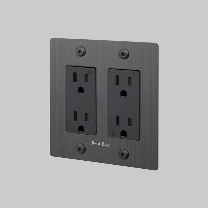 Buster + Punch 2 Gang Duplex Outlet Linear Knurl With Logo Smoked Bronze