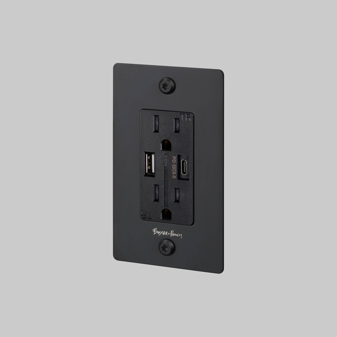 Buster + Punch 1 Gang Duplex Outlet USB A C Linear Knurl With Logo Black