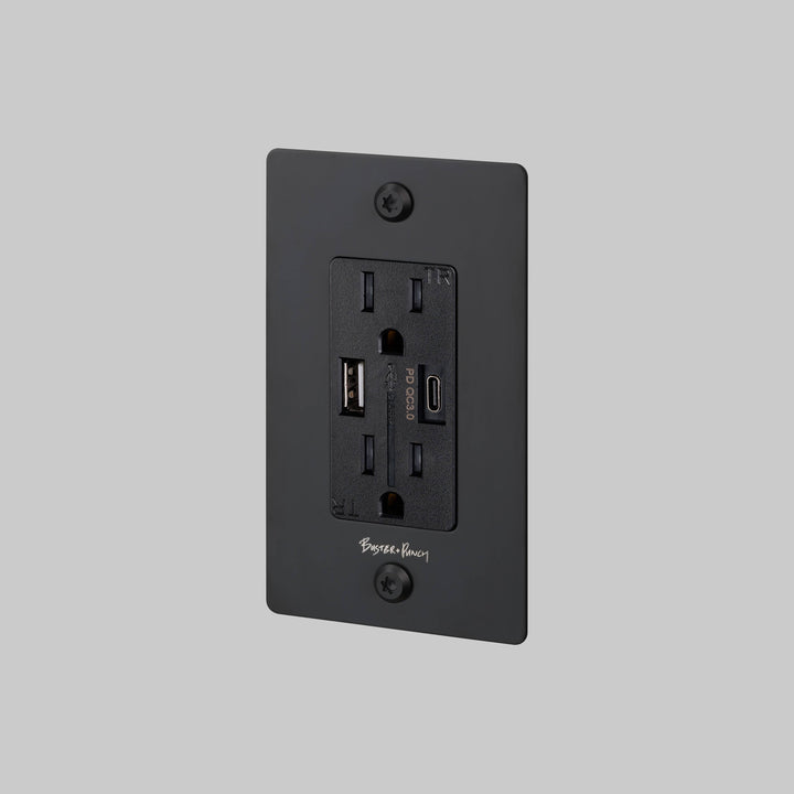 Buster + Punch 1 Gang Duplex Outlet USB A C Linear Knurl With Logo Black