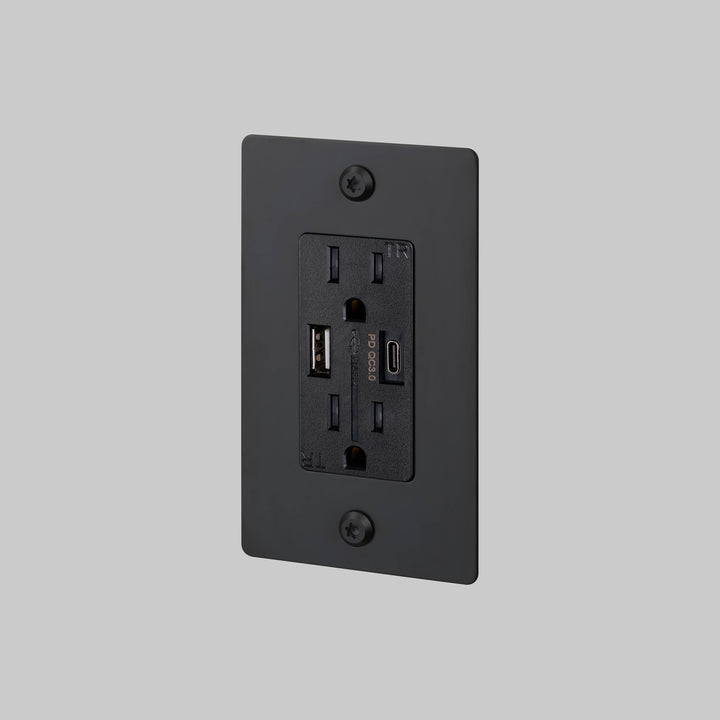 Buster + Punch 1 Gang Duplex Outlet USB A C Linear Knurl Without Logo Black