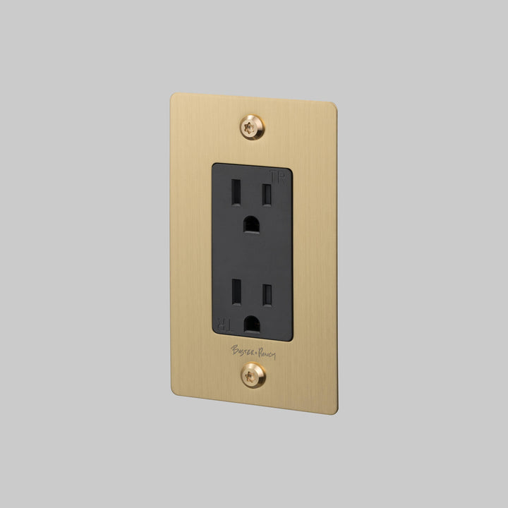 Buster + Punch 1 Gang Duplex Outlet Linear Knurl With Logo Brass