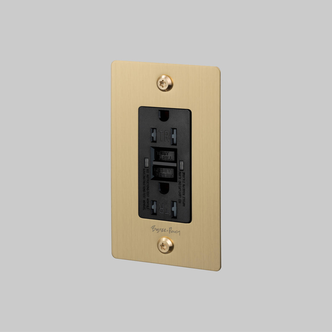Buster + Punch 1 Gang Duplex Outlet GFCI Linear Knurl With Logo Brass