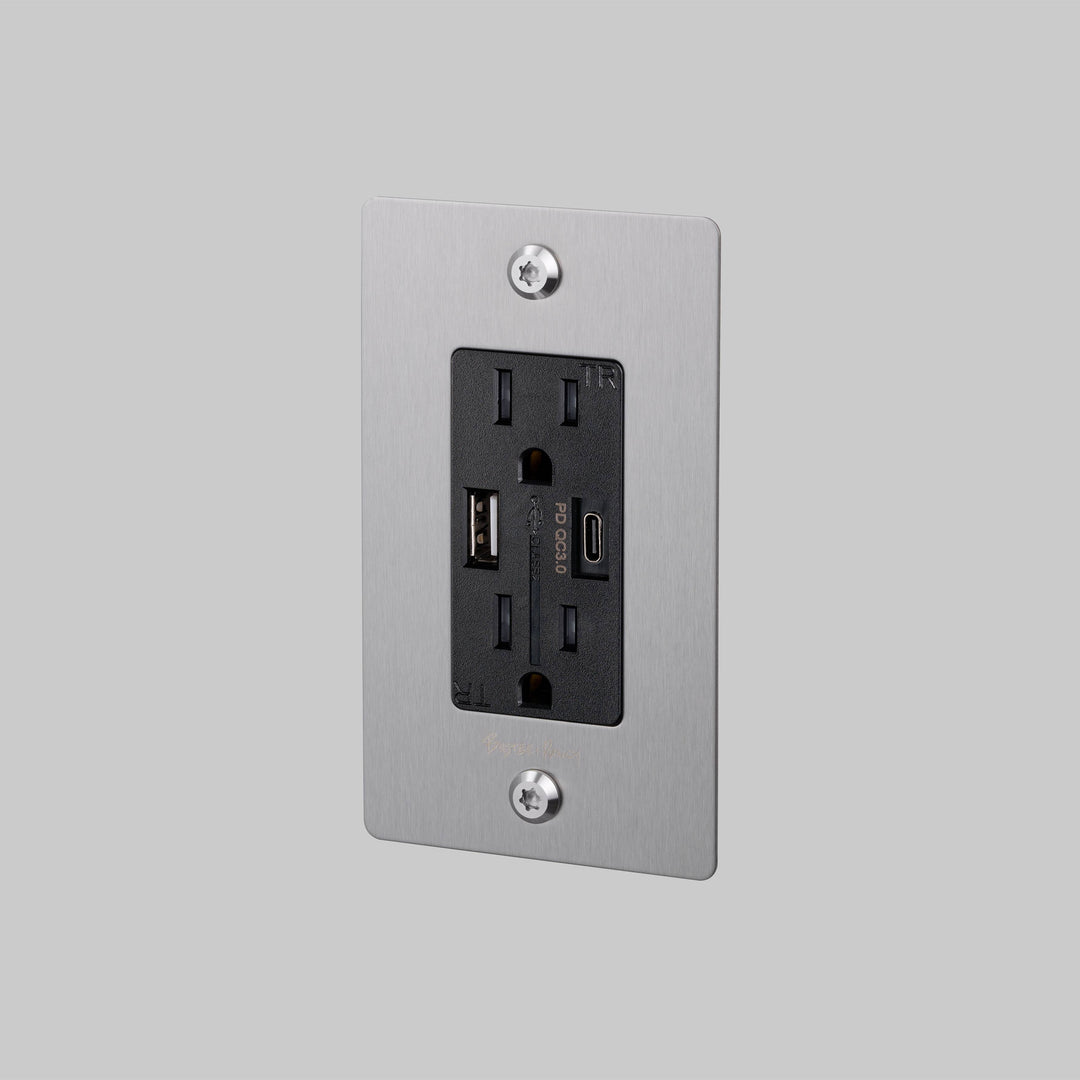 Buster + Punch 1 Gang Duplex Outlet USB A C Linear Knurl With Logo Steel