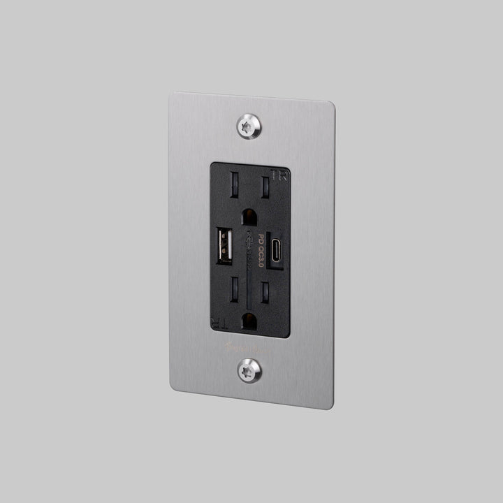 Buster + Punch 1 Gang Duplex Outlet USB A C Linear Knurl With Logo Steel