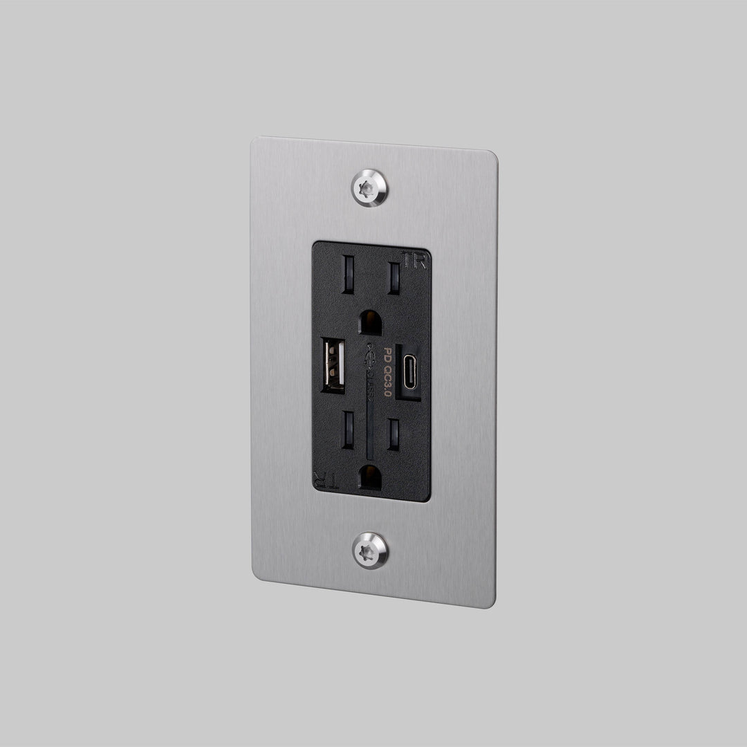 Buster + Punch 1 Gang Duplex Outlet USB A C Linear Knurl Without Logo Steel