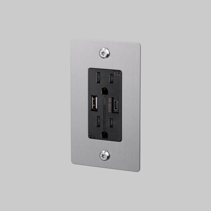 Buster + Punch 1 Gang Duplex Outlet USB A C Linear Knurl Without Logo Steel