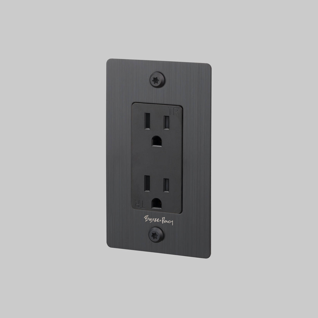 Buster + Punch 1 Gang Duplex Outlet Linear Knurl With Logo Smoked Bronze