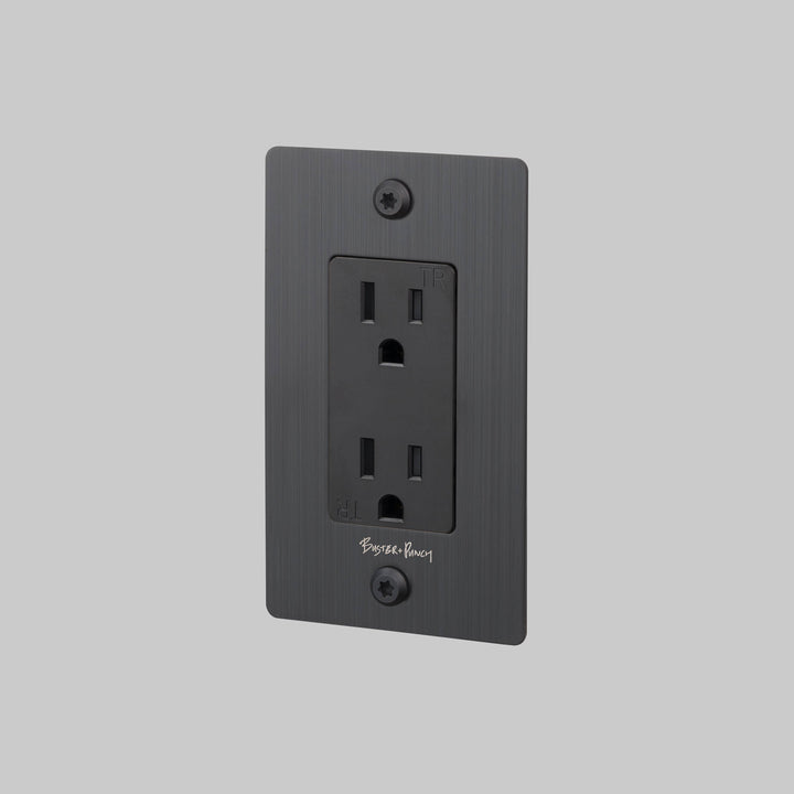 Buster + Punch 1 Gang Duplex Outlet Linear Knurl With Logo Smoked Bronze