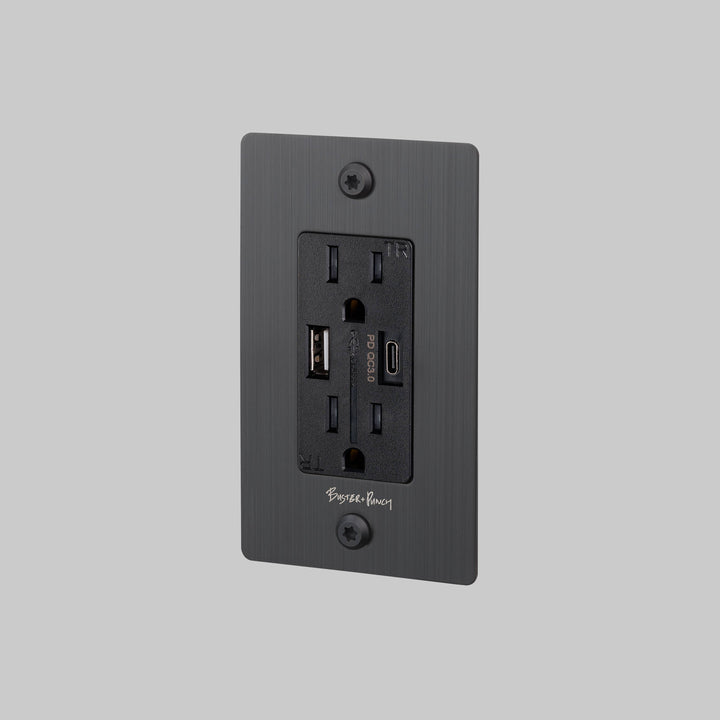 Buster + Punch 1 Gang Duplex Outlet USB A C Linear Knurl With Logo Smoked Bronze