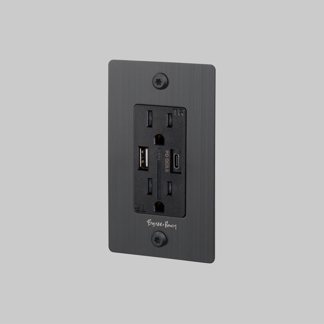 Buster + Punch 1 Gang Duplex Outlet USB A C Linear Knurl With Logo Smoked Bronze