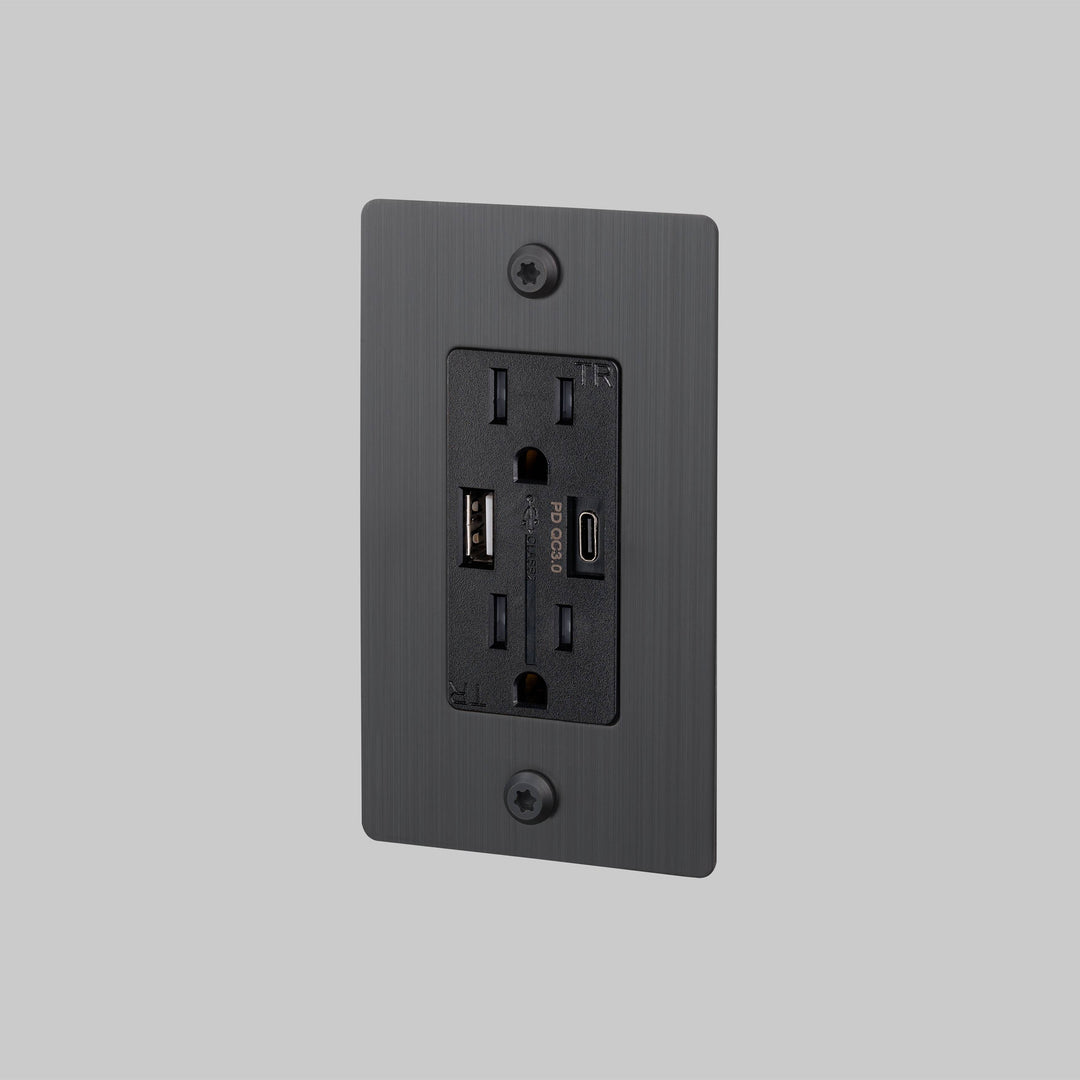 Buster + Punch 1 Gang Duplex Outlet USB A C Linear Knurl Without Logo Smoked Bronze