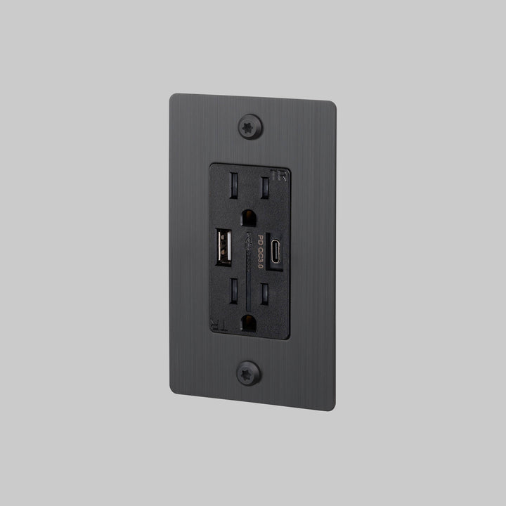Buster + Punch 1 Gang Duplex Outlet USB A C Linear Knurl Without Logo Smoked Bronze