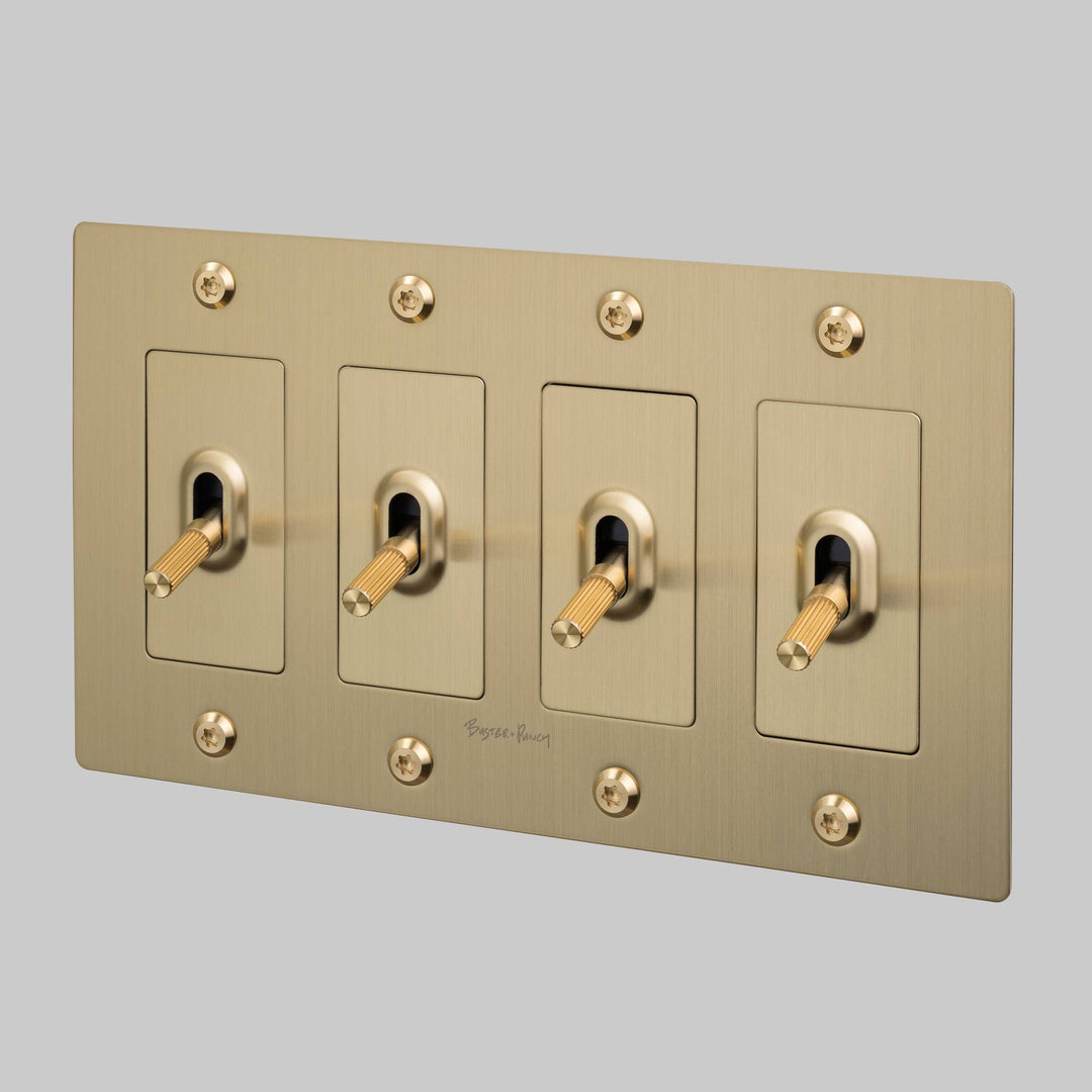 Buster + Punch 4 Gang Toggle Switch Linear Knurl With Logo Brass