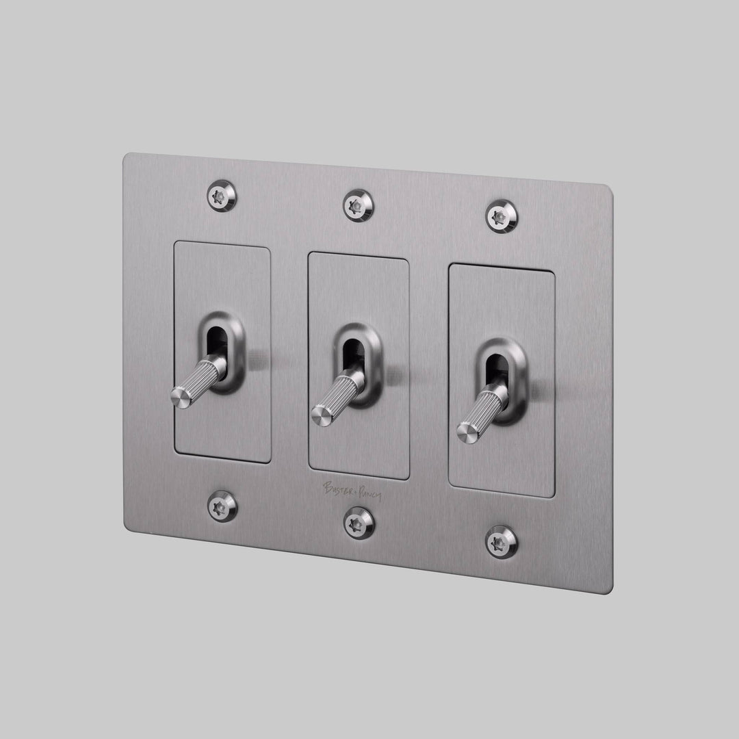 Buster + Punch 3 Gang Toggle Switch Linear Knurl With Logo Steel
