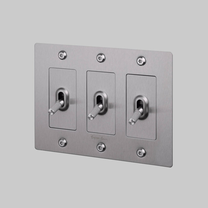 Buster + Punch 3 Gang Toggle Switch Linear Knurl With Logo Steel