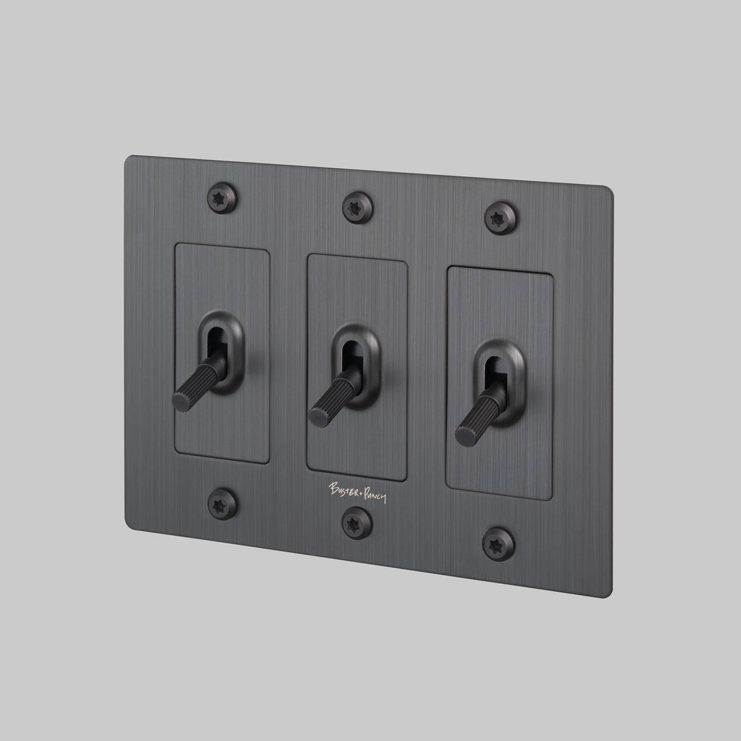 Buster + Punch 3 Gang Toggle Switch Linear Knurl With Logo Smoked Bronze