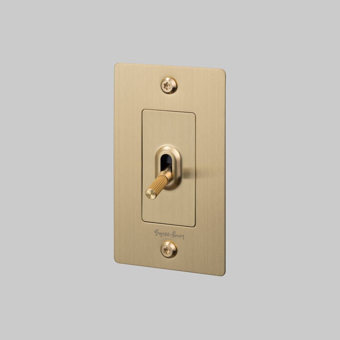 Buster + Punch 1 Gang Toggle Switch Linear Knurl With Logo Brass