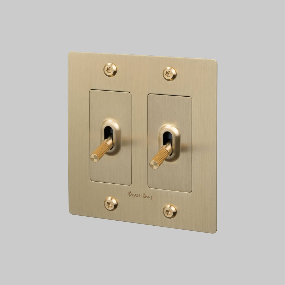 Buster + Punch 2 Gang Toggle Switch Linear Knurl With Logo Brass