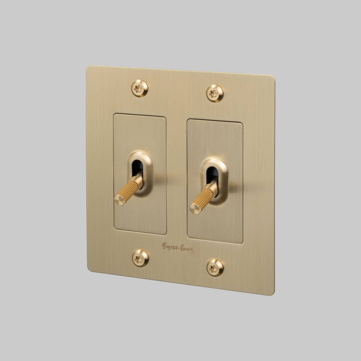 Buster + Punch 2 Gang Toggle Switch Linear Knurl With Logo Brass