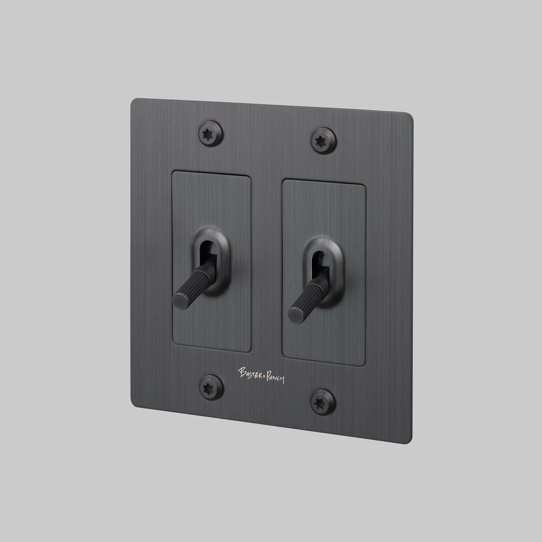 Buster + Punch 2 Gang Toggle Switch Linear Knurl With Logo Smoked Bronze