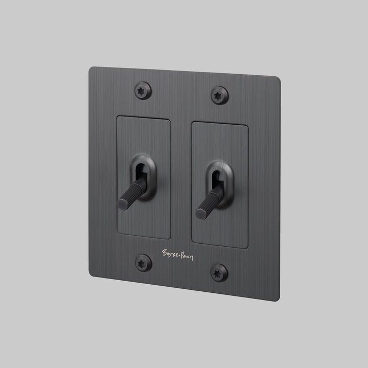 Buster + Punch 2 Gang Toggle Switch Linear Knurl With Logo Smoked Bronze